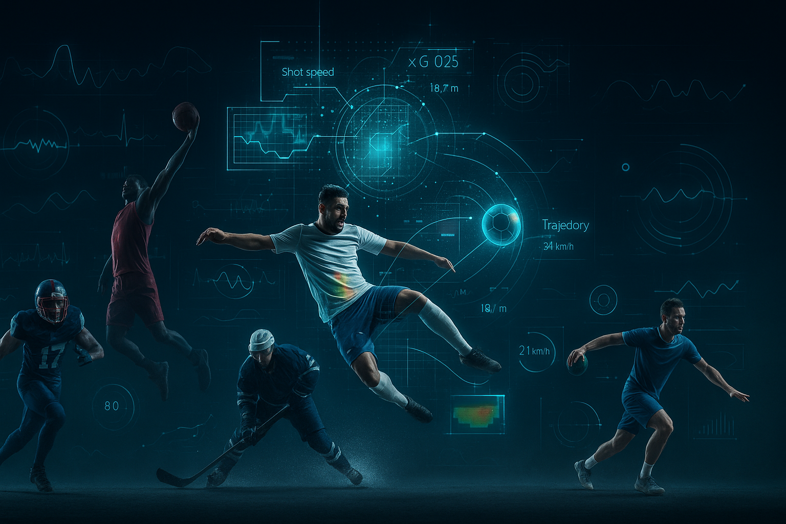 Dynamic sports action scene with football, basketball, hockey, and handball players